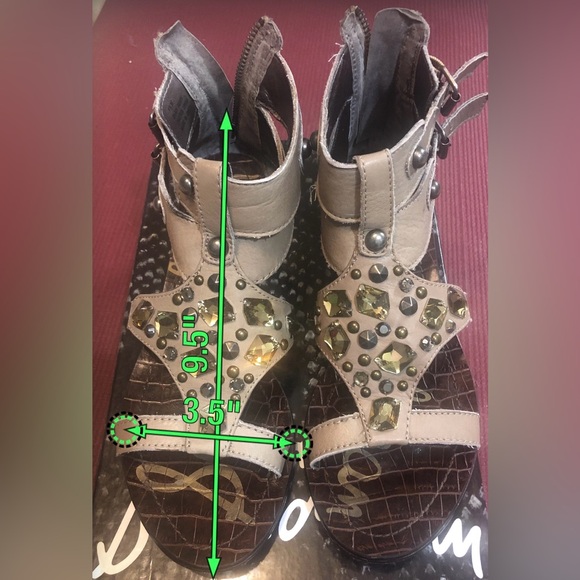 Preowned Sam Edelman Grey leather bejeweled buckle/zipper flat sandals. Sz 7.5M - Picture 2 of 10